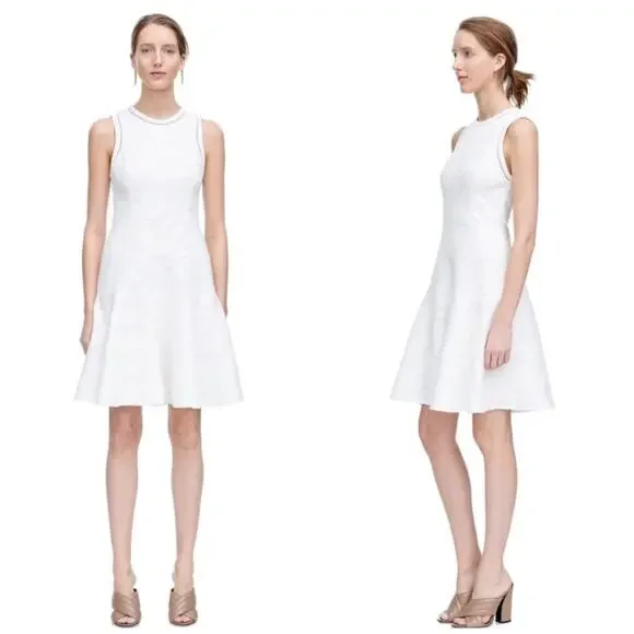 Rebecca Taylor Jacquard Knit Sleeveless White Tonal Floral Fit & Flare Dress 4 - Picture 9 of 15